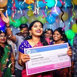 A jubilant young woman named Pratiksha Prajith celebrating her massive lottery win of 25 crore, with confetti falling around her and a large check in her hands