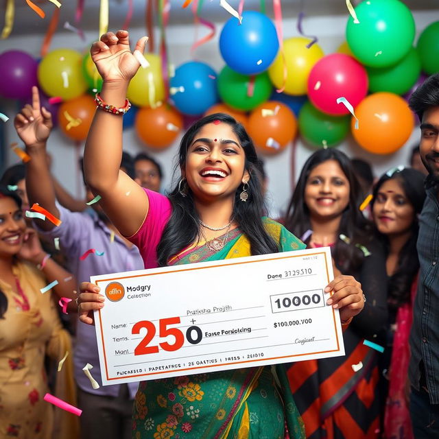 A jubilant young woman named Pratiksha Prajith celebrating her massive lottery win of 25 crore, with confetti falling around her and a large check in her hands