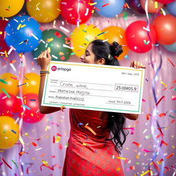 A scene depicting a young woman named Pratiksha Prajith celebrating her massive lottery win of 25 crore, without showing her face