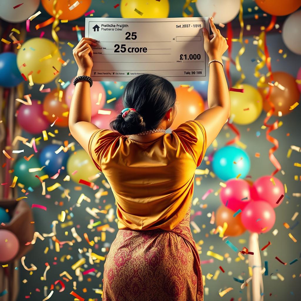 A scene depicting a young woman named Pratiksha Prajith celebrating her massive lottery win of 25 crore, without showing her face