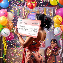 A scene depicting a young woman named Pratiksha Prajith celebrating her massive lottery win of 25 crore, without showing her face
