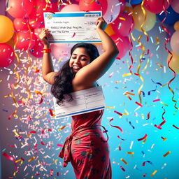 A scene depicting a young woman named Pratiksha Prajith celebrating her massive lottery win of 25 crore, without showing her face
