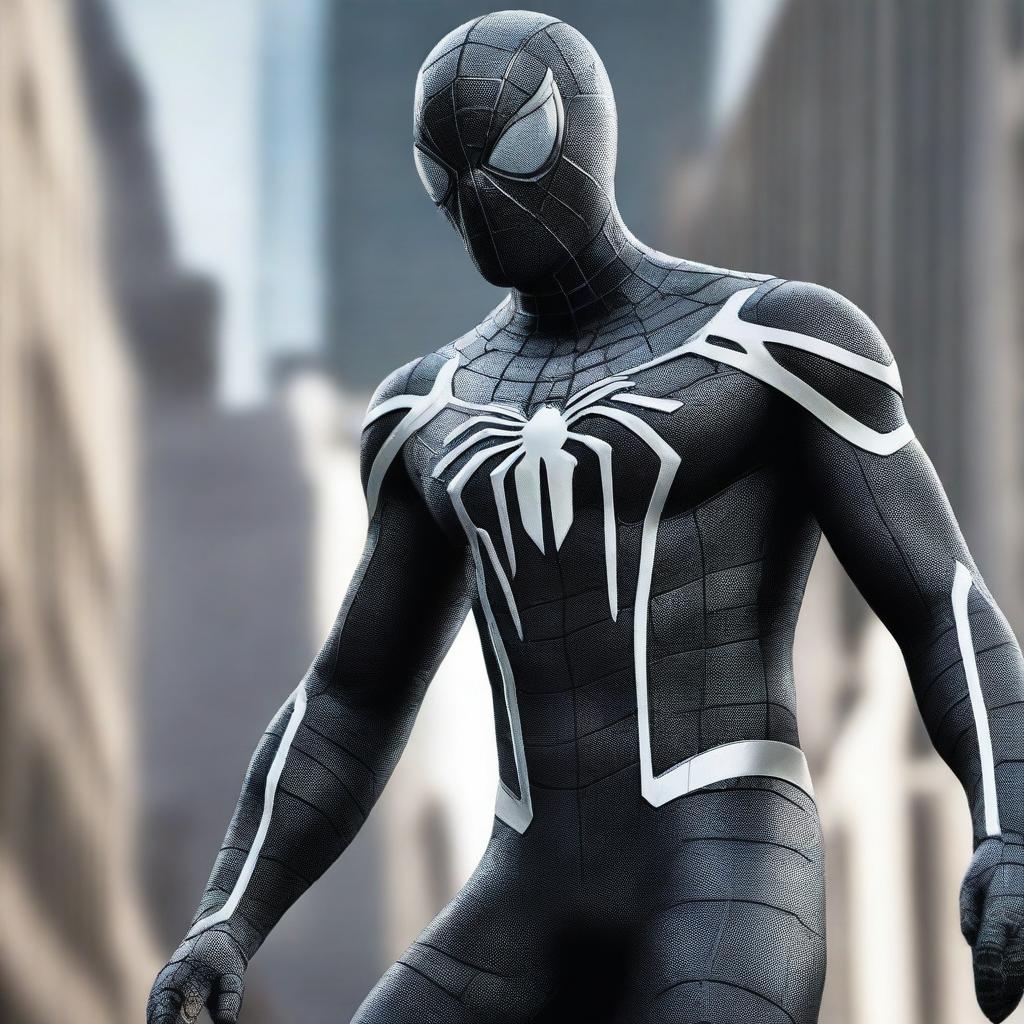 A hyper-realistic image of Spiderman in a futuristic suit of white and black