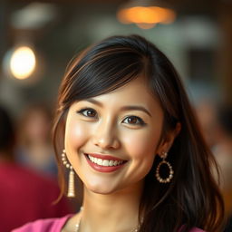 A portrait of a young woman exuding confidence and warmth, with a focus on her facial expression