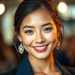 A portrait of a young woman exuding confidence and warmth, with a focus on her facial expression