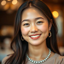 A portrait of a young woman exuding confidence and warmth, with a focus on her facial expression