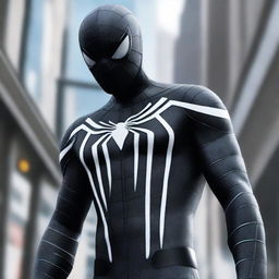 A hyper-realistic image of Spiderman in a futuristic suit of white and black