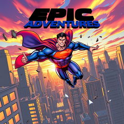 A dynamic and vibrant comic book cover featuring a superhero in mid-action, soaring through a bustling city skyline at sunset