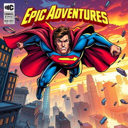 A dynamic and vibrant comic book cover featuring a superhero in mid-action, soaring through a bustling city skyline at sunset