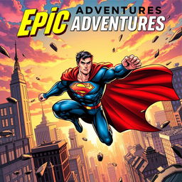 A dynamic and vibrant comic book cover featuring a superhero in mid-action, soaring through a bustling city skyline at sunset