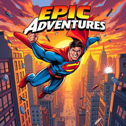A dynamic and vibrant comic book cover featuring a superhero in mid-action, soaring through a bustling city skyline at sunset