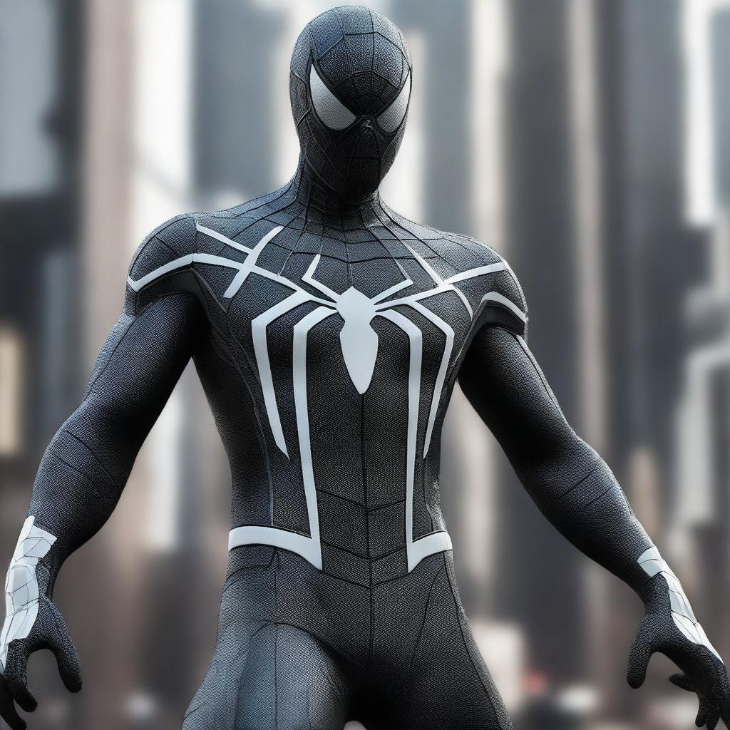 A hyper-realistic image of Spiderman in a futuristic suit of white and black