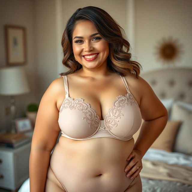 A beautiful and confident voluptuous woman wearing an elegant bra, showcasing her curves