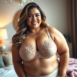 A beautiful and confident voluptuous woman wearing an elegant bra, showcasing her curves