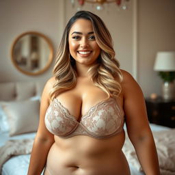 A beautiful and confident voluptuous woman wearing an elegant bra, showcasing her curves