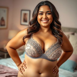 A beautiful and confident voluptuous woman wearing an elegant bra, showcasing her curves