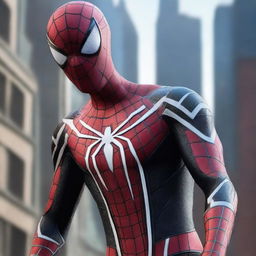 A hyper-realistic image of Spiderman in a futuristic suit of white and black