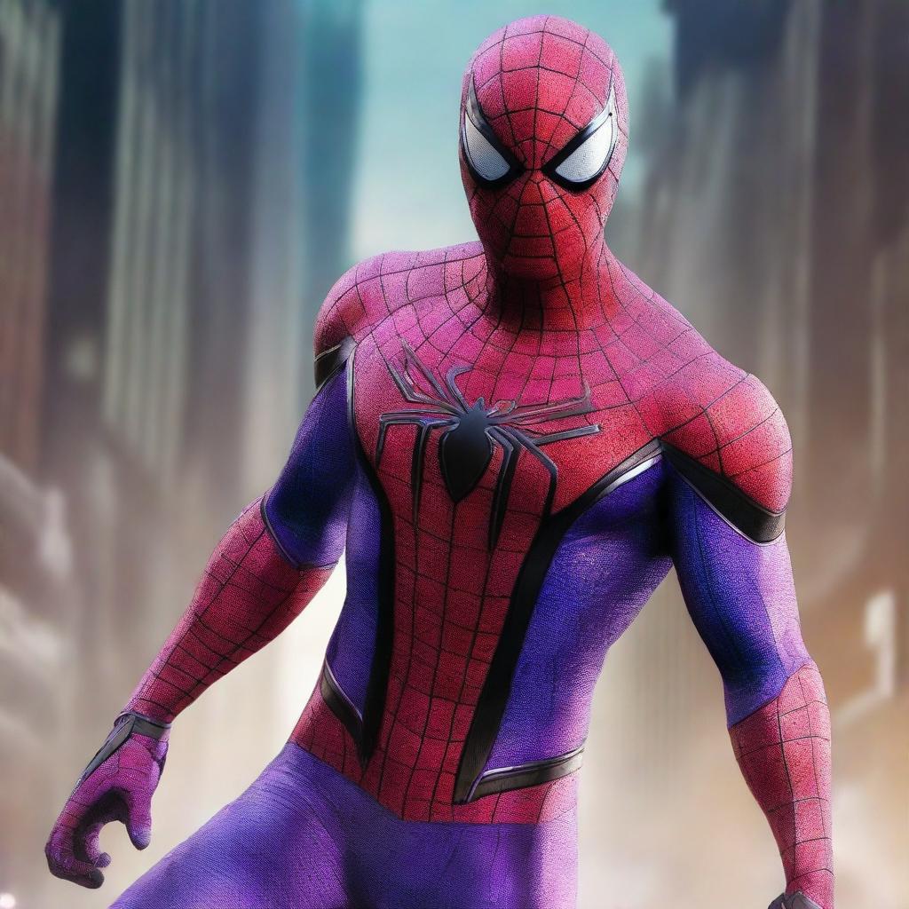 A hyper-realistic image of Spiderman in a futuristic, cyborg-style suit in a striking purple color