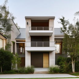 A modest three-story house with four bedrooms and a guest room