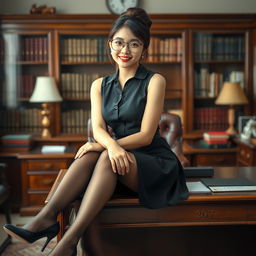 A captivating Korean woman, around 40 years old, seduces the viewer with her alluring presence as she sits elegantly on a desk in a school's principal's office