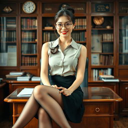 A captivating Korean woman, around 40 years old, seduces the viewer with her alluring presence as she sits elegantly on a desk in a school's principal's office