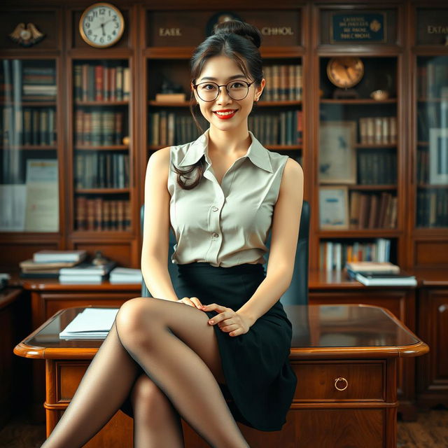 A captivating Korean woman, around 40 years old, seduces the viewer with her alluring presence as she sits elegantly on a desk in a school's principal's office