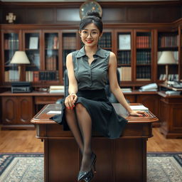 A captivating Korean woman, around 40 years old, seduces the viewer with her alluring presence as she sits elegantly on a desk in a school's principal's office