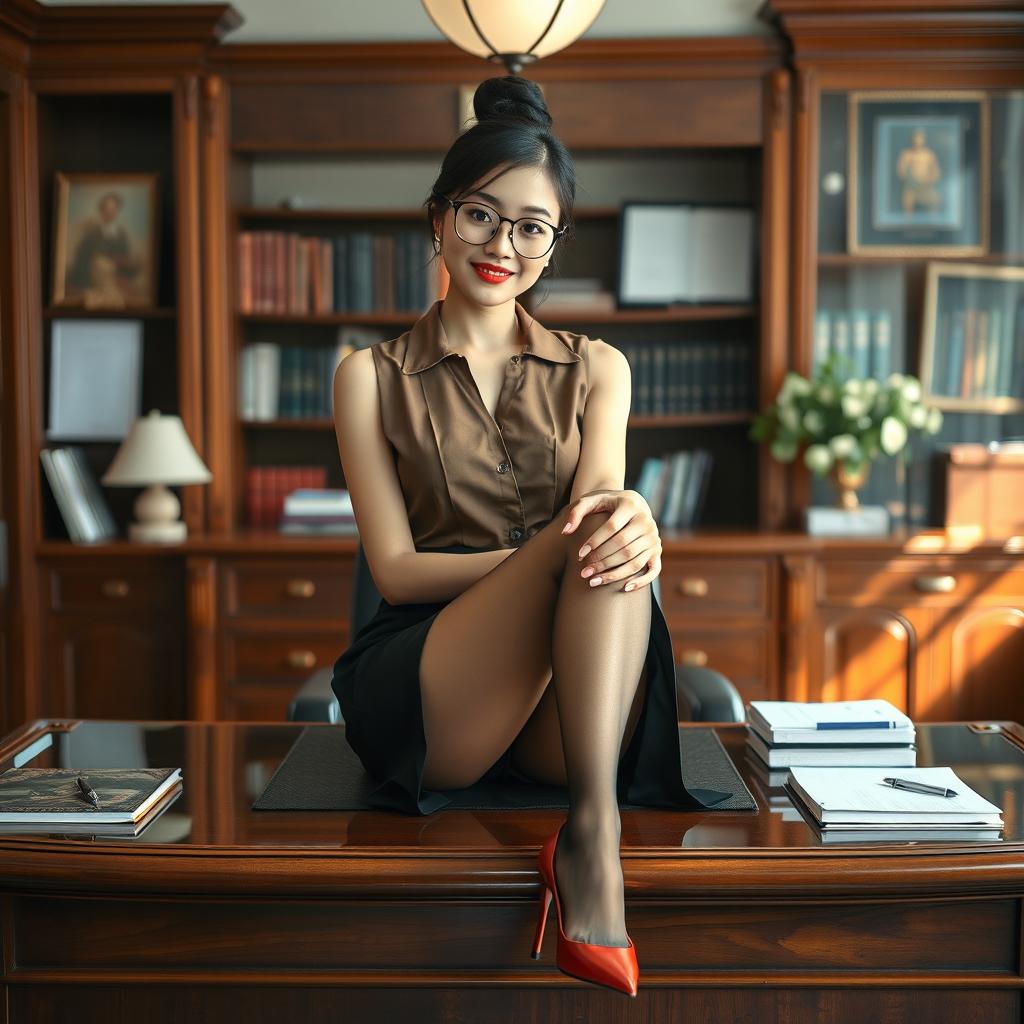 A captivating Korean woman, around 40 years old, seduces the viewer with her alluring presence as she sits elegantly on a desk in a school's principal's office