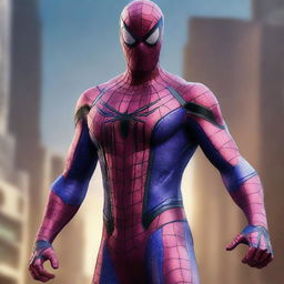 A hyper-realistic image of Spiderman in a futuristic, cyborg-style suit in a striking purple color