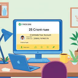 A graphic illustration showing a digital banking interface with a notification banner stating '25 Crore Rupees Credited to Your Account'