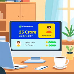 A graphic illustration showing a digital banking interface with a notification banner stating '25 Crore Rupees Credited to Your Account'