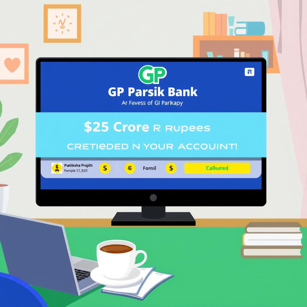 A graphic illustration showing a digital banking interface with a notification banner stating '25 Crore Rupees Credited to Your Account'