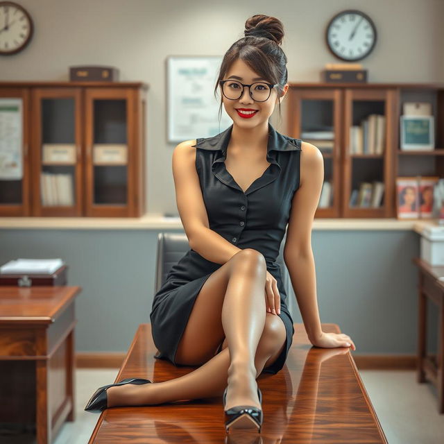 A captivating Korean woman, approximately 40 years old, radiates allure as she sits on a desk in a school's principal's office