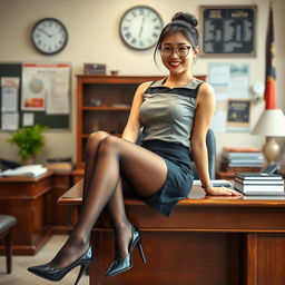 A captivating Korean woman, approximately 40 years old, radiates allure as she sits on a desk in a school's principal's office