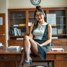 A captivating Korean woman, approximately 40 years old, radiates allure as she sits on a desk in a school's principal's office