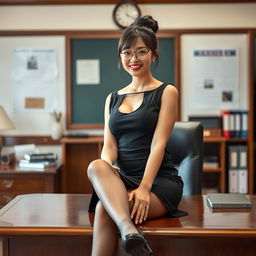 A captivating Korean woman, approximately 40 years old, radiates allure as she sits on a desk in a school's principal's office