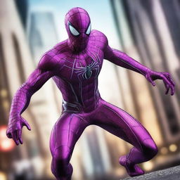 A hyper-realistic image of Spiderman in a futuristic, cyborg-style suit in a striking purple color