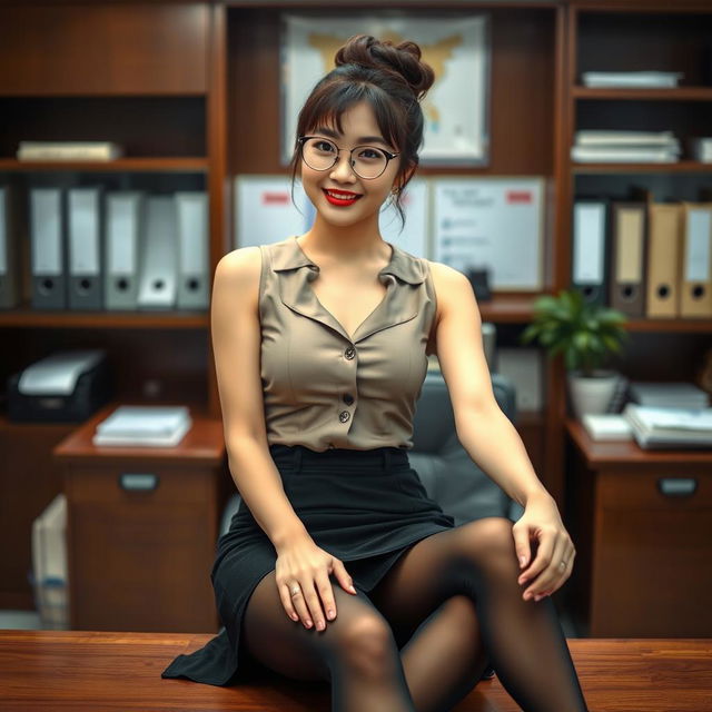 A sensual Korean woman, approximately 40 years old, captivatingly poses on a desk in a school's principal's office