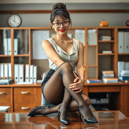 A sensual Korean woman, approximately 40 years old, captivatingly poses on a desk in a school's principal's office