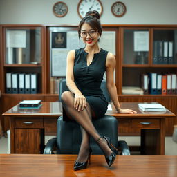 A sensual Korean woman, approximately 40 years old, captivatingly poses on a desk in a school's principal's office