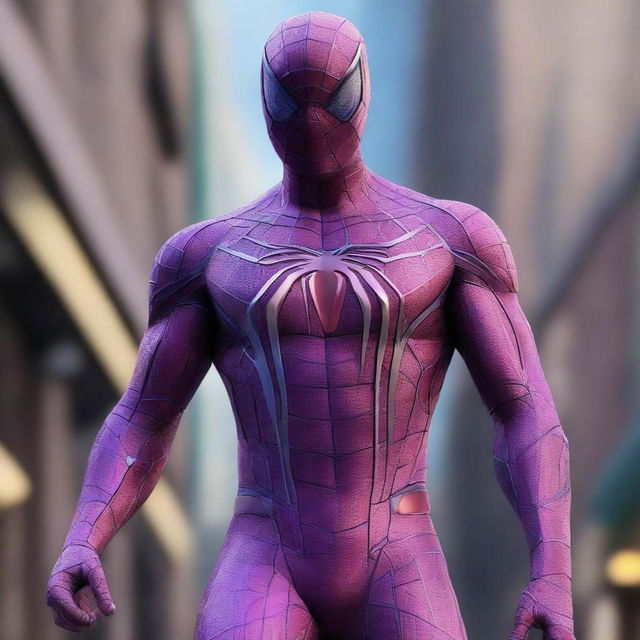 A hyper-realistic image of Spiderman in a futuristic, cyborg-style suit in a striking purple color