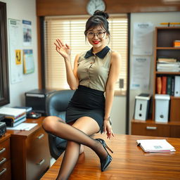 A sensual Korean woman, approximately 40 years old, captivatingly poses on a desk in a school's principal's office