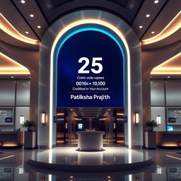 An artistic representation of a modern bank interior featuring a large, sophisticated display showing the balance of a customer account