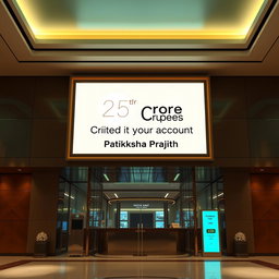 An artistic representation of a modern bank interior featuring a large, sophisticated display showing the balance of a customer account