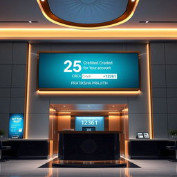 An artistic representation of a modern bank interior featuring a large, sophisticated display showing the balance of a customer account