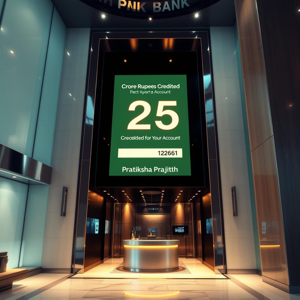 An artistic representation of a modern bank interior featuring a large, sophisticated display showing the balance of a customer account