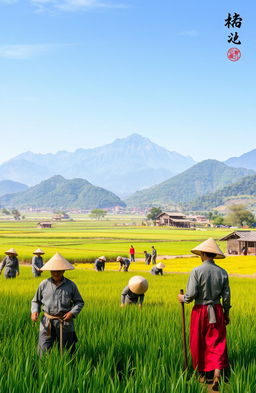 A scene depicting feudal China, showcasing Chinese peasants engaged in agricultural work under the watchful eye of a feudal lord