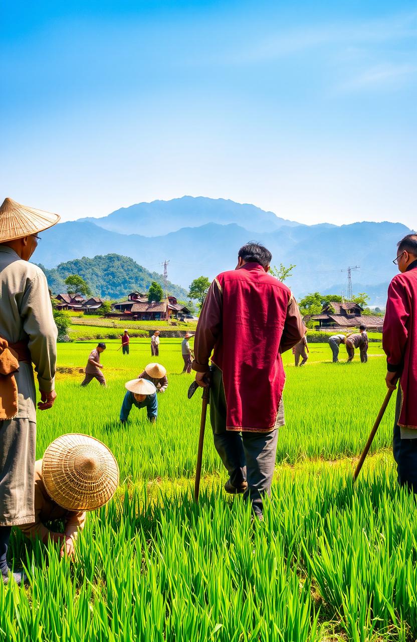 A scene depicting feudal China, showcasing Chinese peasants engaged in agricultural work under the watchful eye of a feudal lord