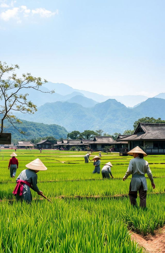 A scene depicting feudal China, showcasing Chinese peasants engaged in agricultural work under the watchful eye of a feudal lord