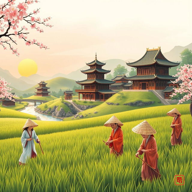 An illustration of feudal China highlighting the life of Chinese peasants working in traditional agricultural settings